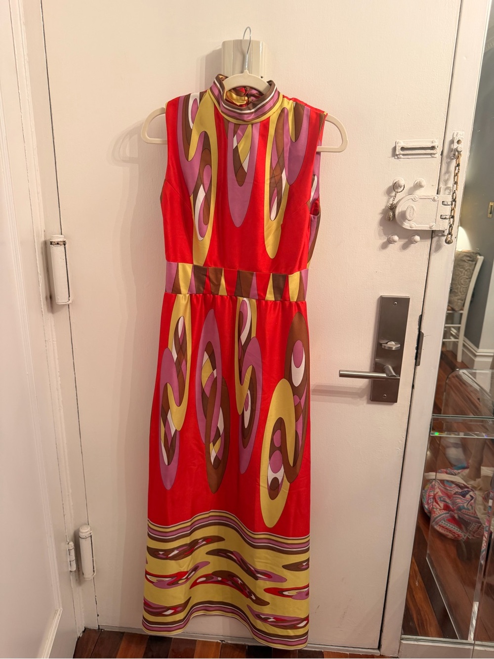 Vintage Sleeveless Red Maxi Dress with Retro Multicolor Print